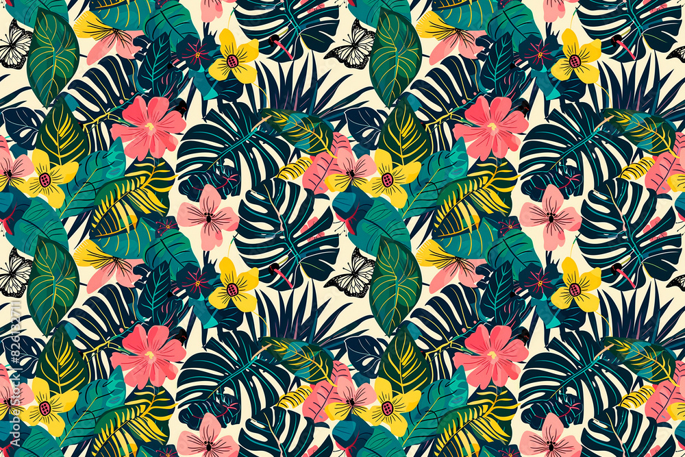 Tropical floral pattern with vibrant leaves and flowers on a white background. Seamless and exotic design perfect for summer products, textiles, and wallpapers. Tropical floral pattern with vibrant leaves and flowers on a white background. Seamless and exotic design perfect for summer products, textiles, and wallpapers.