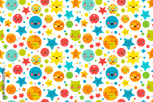 Cute celestial pattern with smiling stars, planets, and moons on a white background. Seamless and whimsical design perfect for kids' products, textiles, and wallpapers. 