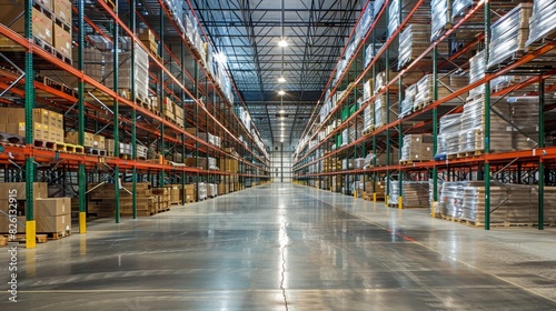Warehouse with organized shelves, logistics management, storage facility, supply chain operations, cargo handling, logistics industry, inventory management, logistics infrastructure. © R Studio