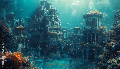 Underwater ancient city with majestic ruins and vibrant marine life, evoking the mystery and beauty of a lost civilization.