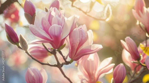 Showcase the magnificent beauty of a blooming magnolia tree