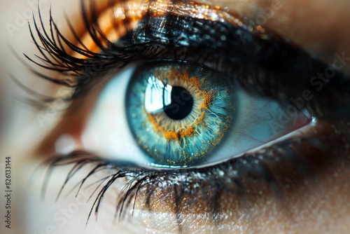 Blue eye with vibrant reflections, detailed and futuristic, sci fi and technology concept, glowing and innovative photo