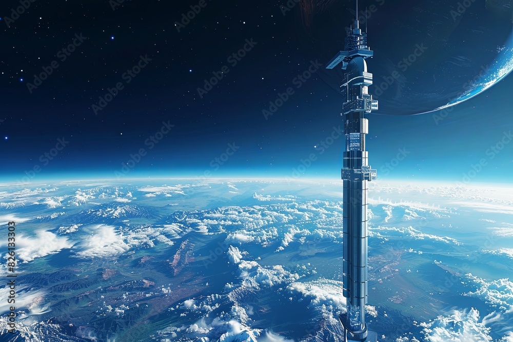 Obraz premium A minimalist space elevator ascends from the depths of the earth, towering over the landscape