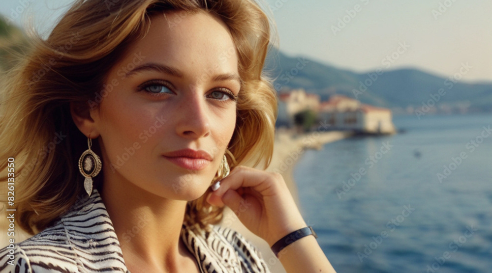 Portrait of the beautiful young woman on the street, 70s era fashion style.