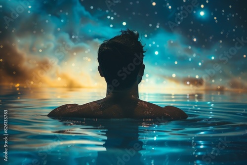 A lone figure splashes through the water, creating ripples in the moonlit night. The silhouette of a man swimming in a serene body of water.