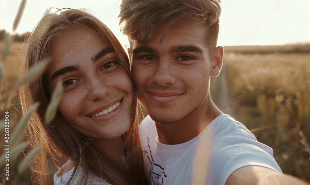 Obraz premium A young couple in love takes a selfie. Against the backdrop of summer nature. Golden hour selfie.