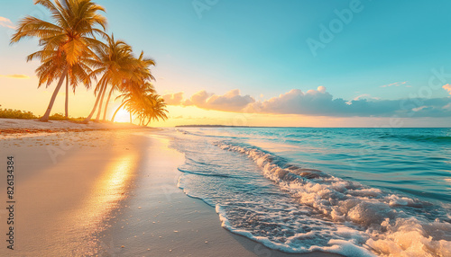 Tropical beach with palm trees during a sunny day