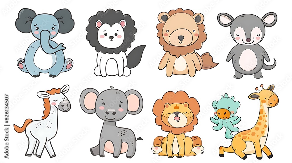 Playful Cartoon Animals in Simple Draw Style on White Background Playful Cartoon Animals in Simple Draw Style on White Background