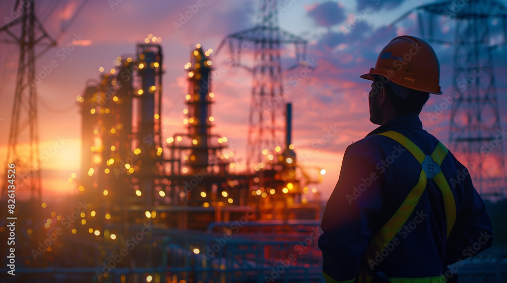 A man in a safety vest stands in front of a large industrial plant. The scene is lit by bright lights, creating a sense of energy and activity A man in a safety vest stands in front of a large industrial plant. The scene is lit by bright lights, creating a sense of energy and activity