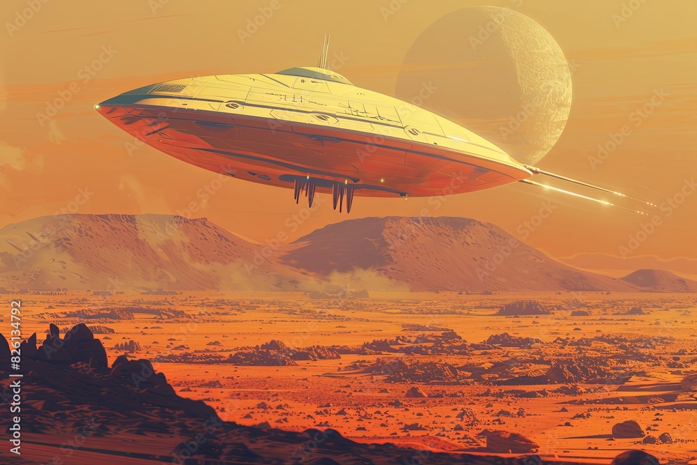 A sleek minimalist spacecraft flies over a desert landscape A sleek minimalist spacecraft flies over a desert landscape