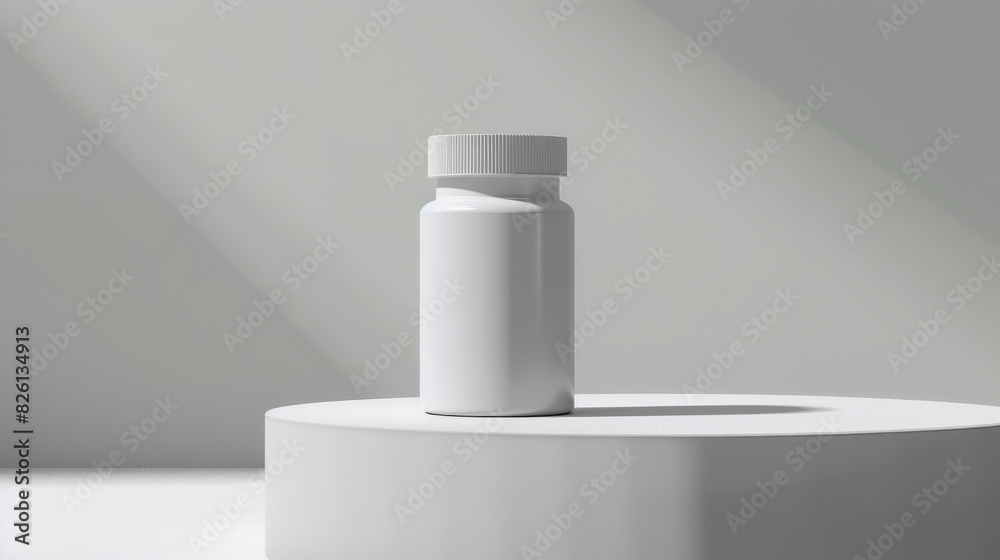 A white pill bottle sits on a white pedestal A white pill bottle sits on a white pedestal