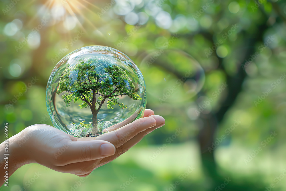 Hand holding a glass orb with a small tree inside, symbolizing nature protection.