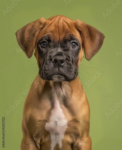 Boxer puppy on minimalistic colorful background with Copy Space. Perfect for banners, veterinary ads, pet food promotions, and minimalist designs. © Darya