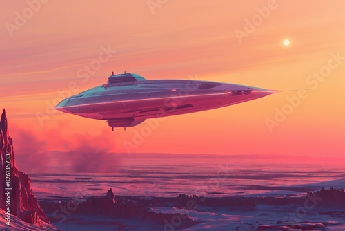 A futuristic ship is seen flying over a frozen landscape  showcasing a blend of advanced technology and icy terrain