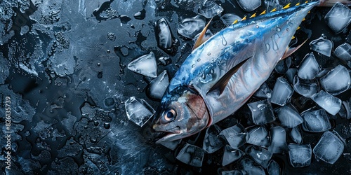Freshly caught tuna fish lying on a black table with ice cubes around, sea food, background, wallpaper.