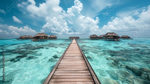 A beautiful beach with a wooden walkway leading to a small island
