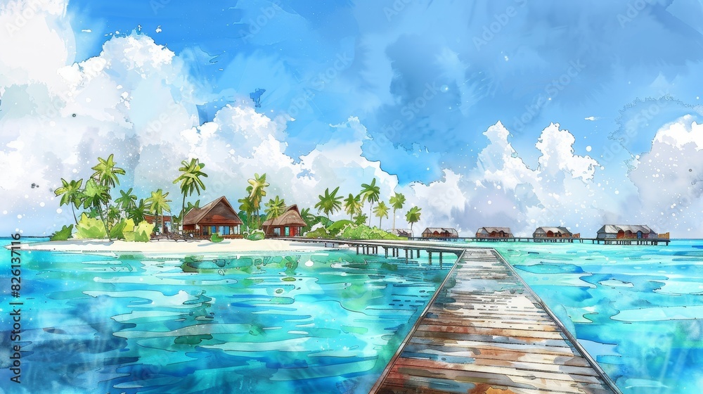 Obraz premium A beautiful beach with a wooden walkway leading to a small island