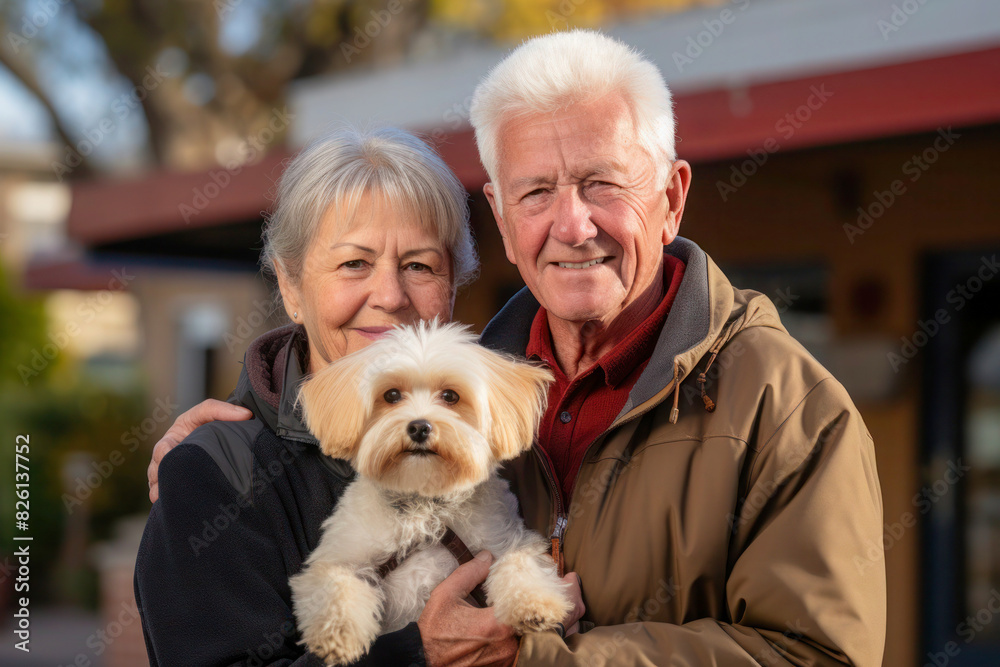Portrait of an happy elderly couple and their dog pet. Love, family and best friend concept. Portrait of an happy elderly couple and their dog pet. Love, family and best friend concept.