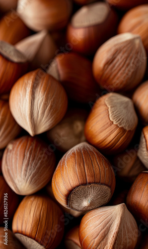 Closeup of hazelnuts texture with glossy brown surface