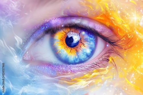 Eye with fire and ice elements, vibrant and detailed, sci fi and fantasy concept, futuristic and dynamic