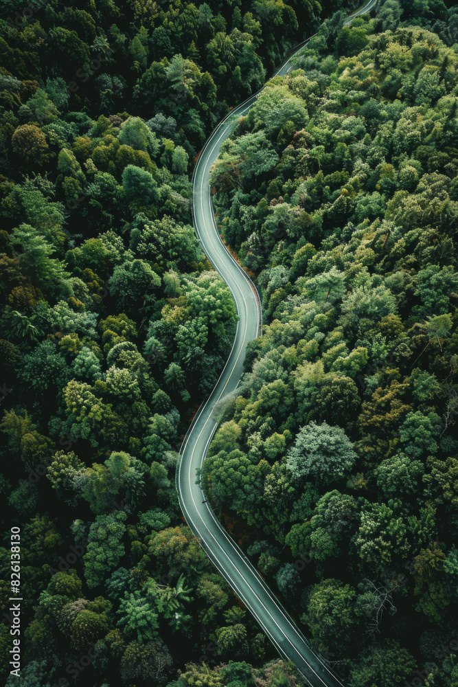 Aerial view of a single, winding road cutting through a dense forest or open landscape. Focus on the contrast between the man-made structure and the natural surroundings. Aerial view of a single, winding road cutting through a dense forest or open landscape. Focus on the contrast between the man-made structure and the natural surroundings.