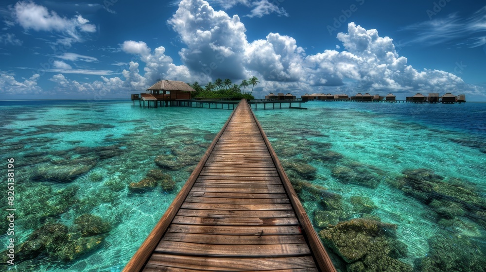 A beautiful beach with a wooden walkway leading to a small island A beautiful beach with a wooden walkway leading to a small island