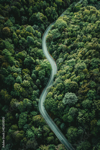 Aerial view of a single, winding road cutting through a dense forest or open landscape. Focus on the contrast between the man-made structure and the natural surroundings.