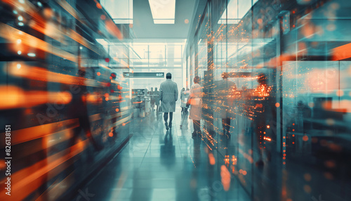 Blurred shot of business people at party in office center, Blurry scene of business center, ideal for business backgrounds. Copy space, Beautiful blurred background of a light modern office