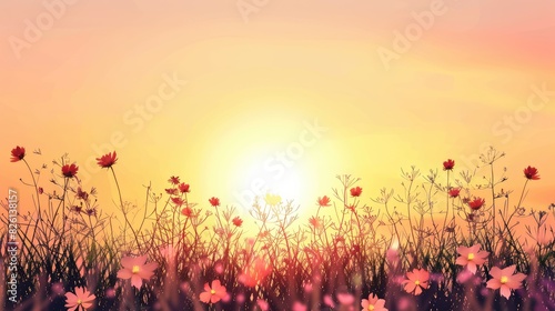 Fototapeta Naklejka Na Ścianę i Meble -  Sunset background with grass and flowers