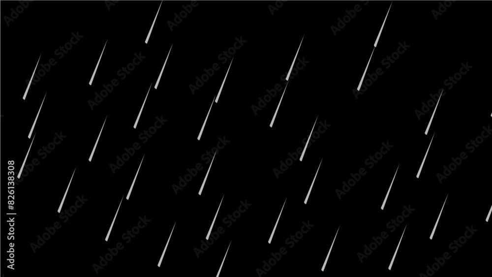 Heavy rainfall with thunder light motion graphic, loop on night dark black background 