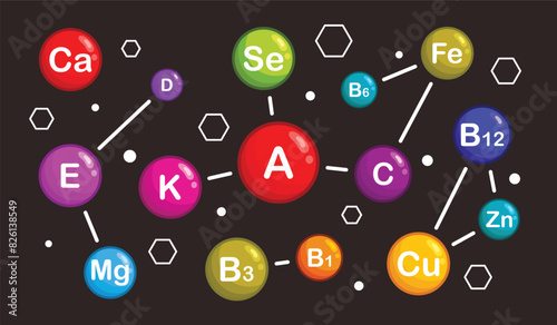 Complex of vitamins, minerals and trace elements, colorful vitamin balls, vector illustration.