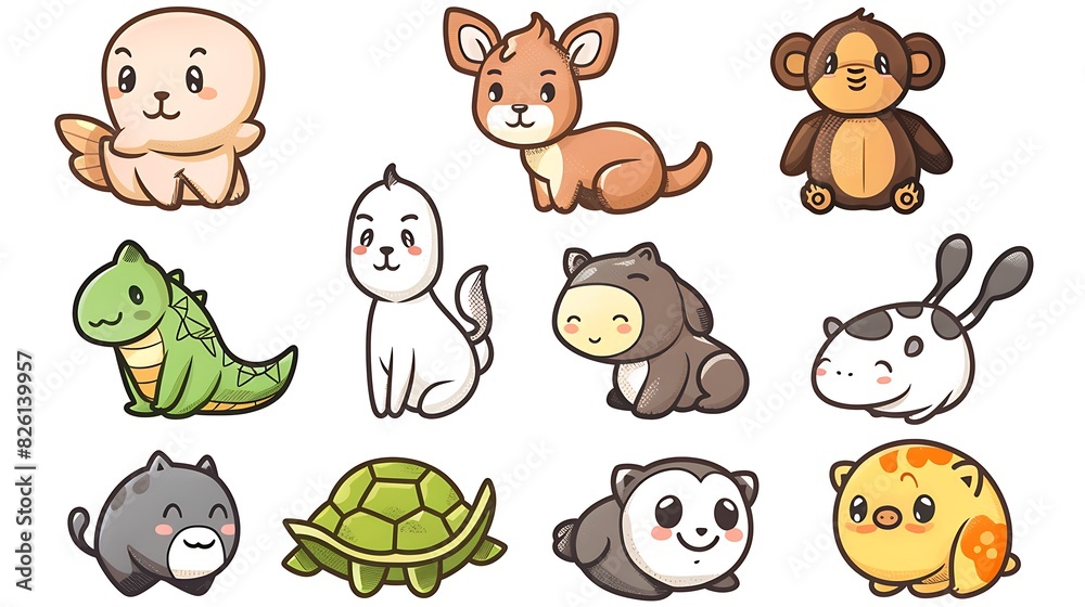 Whimsical and Playful Cartoon Animals in a Simple Drawing Style on White Background Whimsical and Playful Cartoon Animals in a Simple Drawing Style on White Background