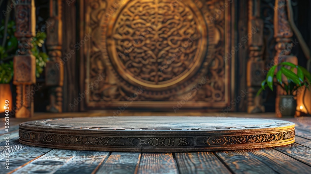 Ornate wooden stage in front of a detailed medieval circular door, surrounded by intricate patterns and lush green plants.