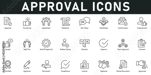 Approval Icons vector illustration with thin line editable stroke containing agreement, validation, handshake, conformation, endorsement, accept, rubber stamp, decision, consent, certified, permission