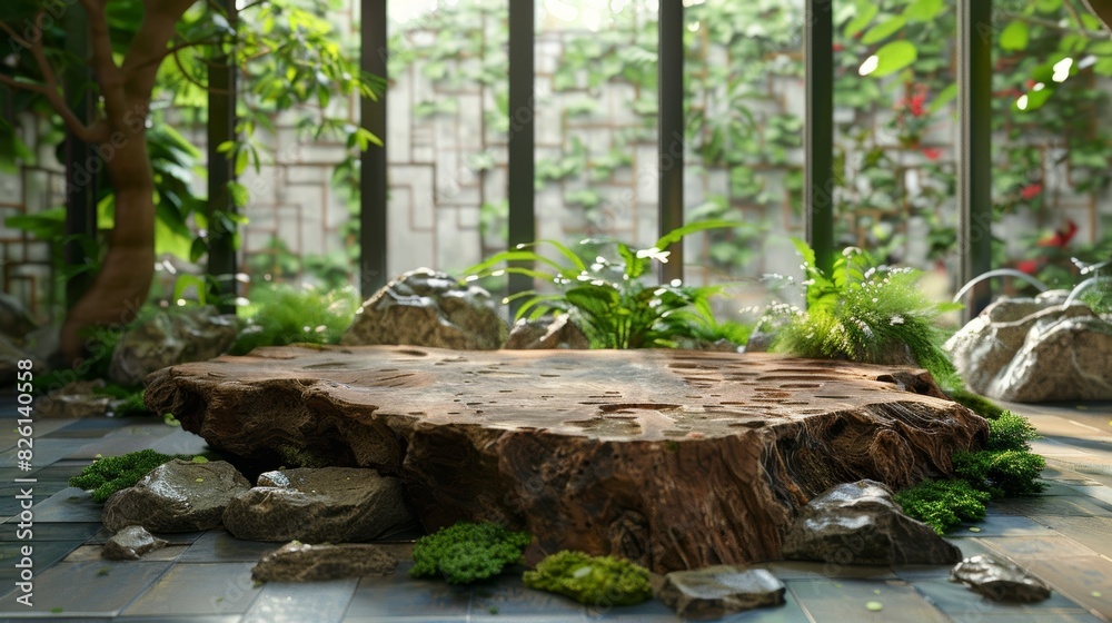 Serene indoor garden with a large tree stump surrounded by rocks and vibrant plants in a sunlit room. Serene indoor garden with a large tree stump surrounded by rocks and vibrant plants in a sunlit room.