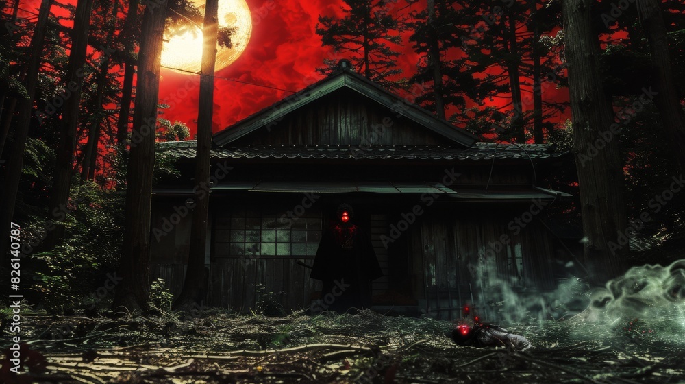 A mysterious house nestled in the woods under the glow of a full moon