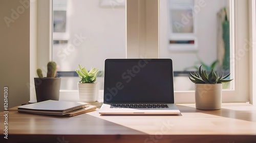 Minimalist Home Office, A sleek desk with a laptop, open notebook, and a single succulent against a white wall with natural light streaming © mohammed