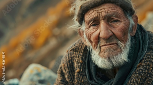 A tired old man dressed in a hat and scarf searching for gold amidst the rubble.