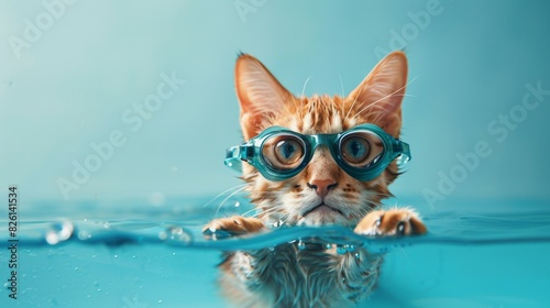 A cat in swim gear, performing a breaststroke like a human, on a plain blue background with copy space on the right side