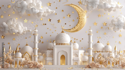 Illustration of the East, an unusual postcard with the style of oriental fairy tales, an unusual sky, a month, and the architecture of the Arab countries. A very unusual ...