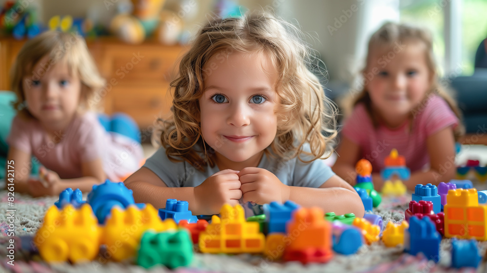 Fototapeta premium Portrait of Caucasian children holding toy and playing