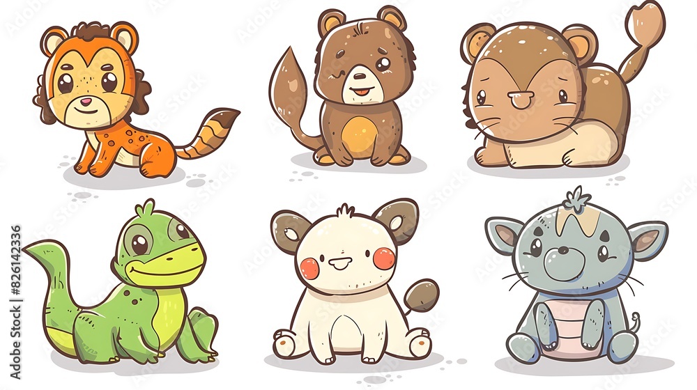 Playful Cartoon Animals in Simple Draw Style on White Background Playful Cartoon Animals in Simple Draw Style on White Background