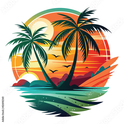 summer background with palm trees and sun t shirt design vector wolf illustration