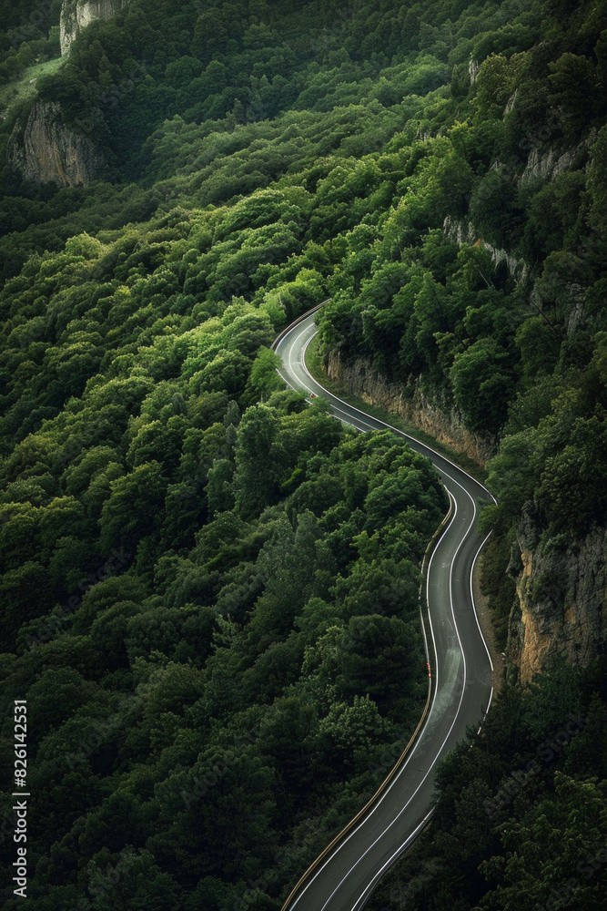 Aerial view of a single, winding road cutting through a dense forest or open landscape. Focus on the contrast between the man-made structure and the natural surroundings.