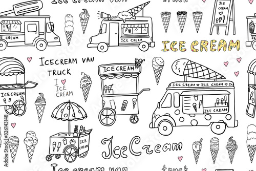 Seamless pattern of ice cream van, ice cream truck and ice cream in a waffle cone. Gelato. Great for summer dessert menu design, banner, sites, packaging. Hand drawn. Doodle style.