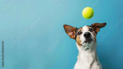 A dog in tennis gear, serving a tennis ball like a human, on a plain blue background with copy space on the left side photo