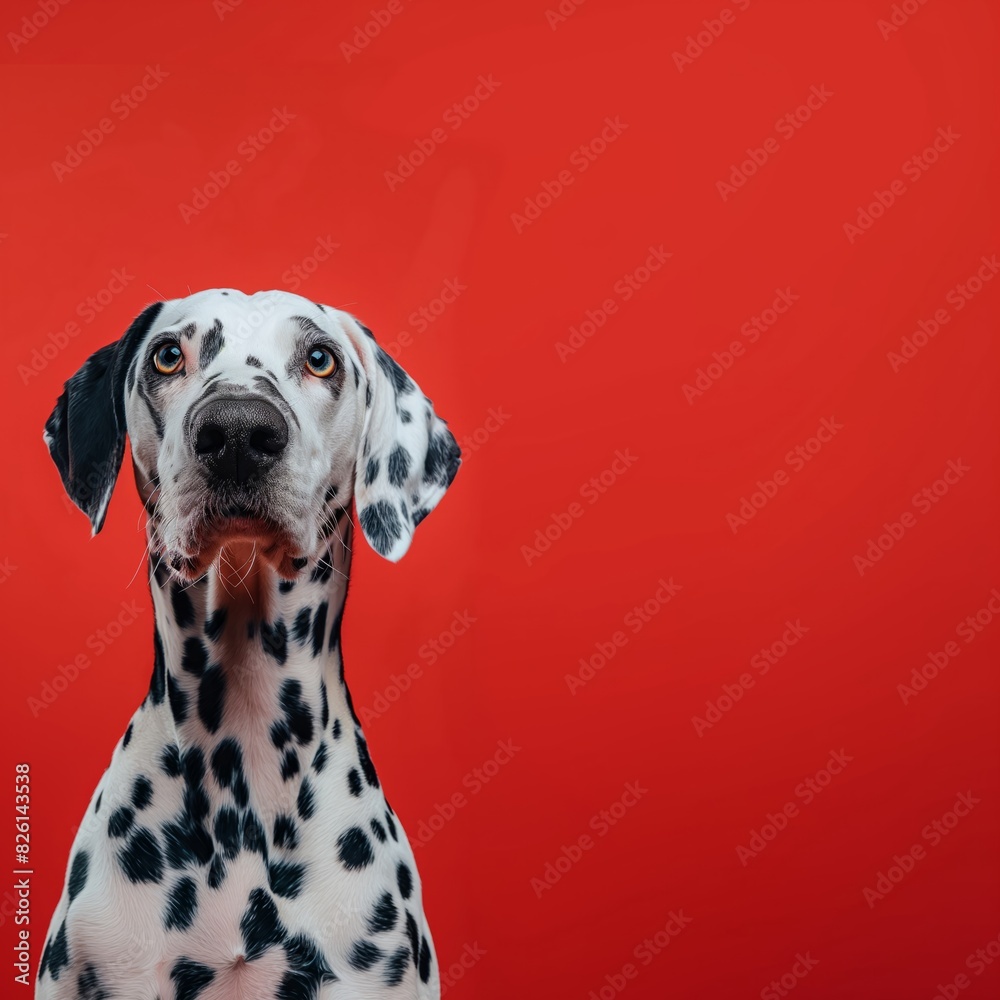 Majestic Dalmatian Dog with Attentive Expression, with Copy Space. Cute spotted dog against vibrant red background. Perfect for banners, veterinary ads, pet food promotions, and minimalist designs.
