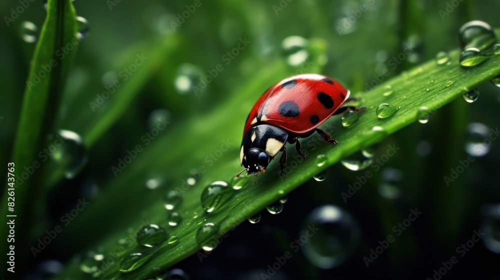 a red ladybug with black dots on it, was walking on a green leaf wet with water droplets. a red ladybug with black dots on it, was walking on a green leaf wet with water droplets.