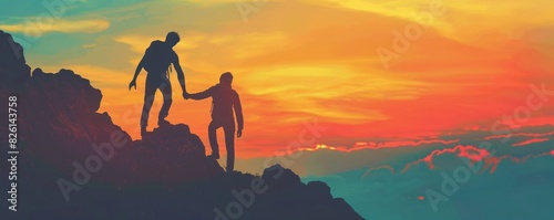 A couple is hiking up a mountain. The man is reaching out to help the woman up. The sun is setting in the background. The sky is a