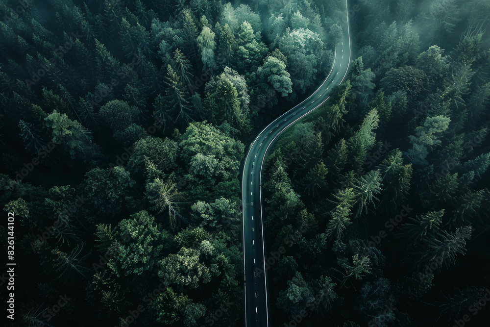 Aerial view of a single, winding road cutting through a dense forest or open landscape. Focus on the contrast between the man-made structure and the natural surroundings. Aerial view of a single, winding road cutting through a dense forest or open landscape. Focus on the contrast between the man-made structure and the natural surroundings.